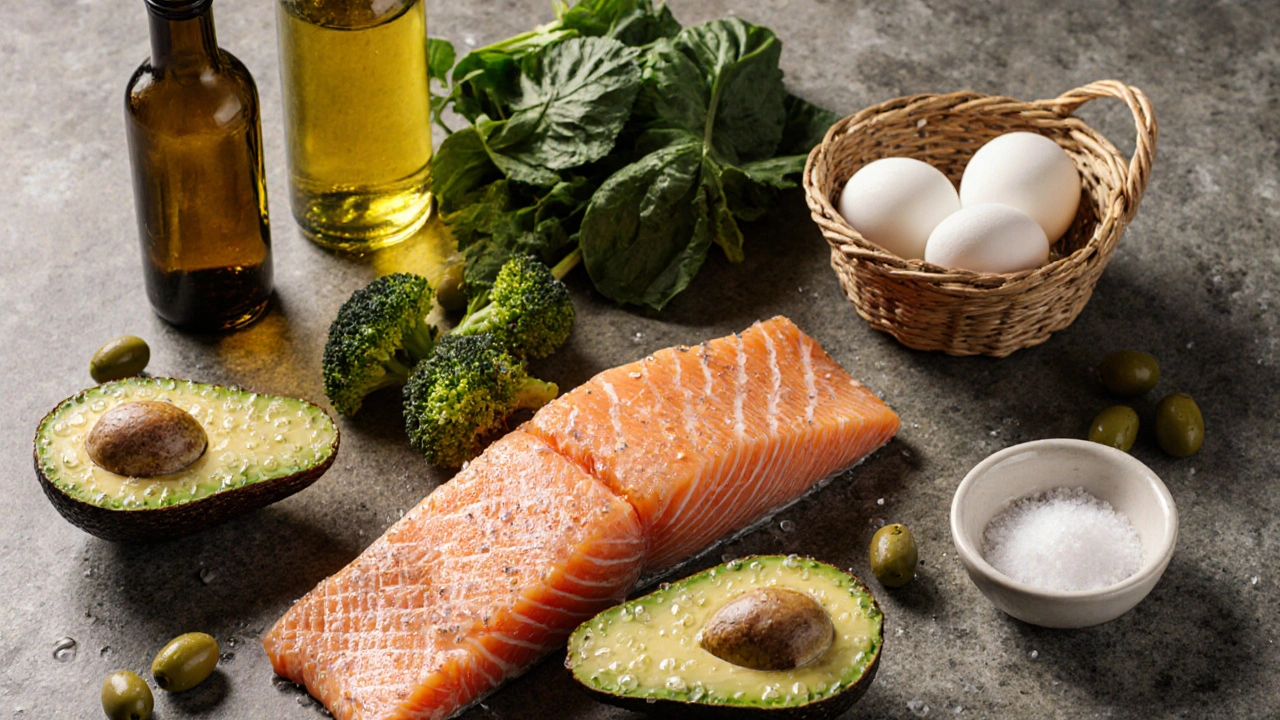 Keto potraviny na stole: losos, avokádo, brokolice, špenát, olivy, vajíčka a oleje.