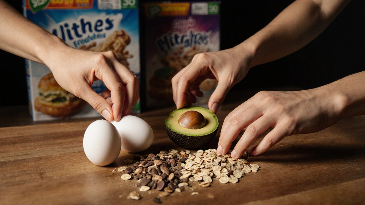 Ruce s klíčovými složkami zdravé snídaně na dřevěném stole