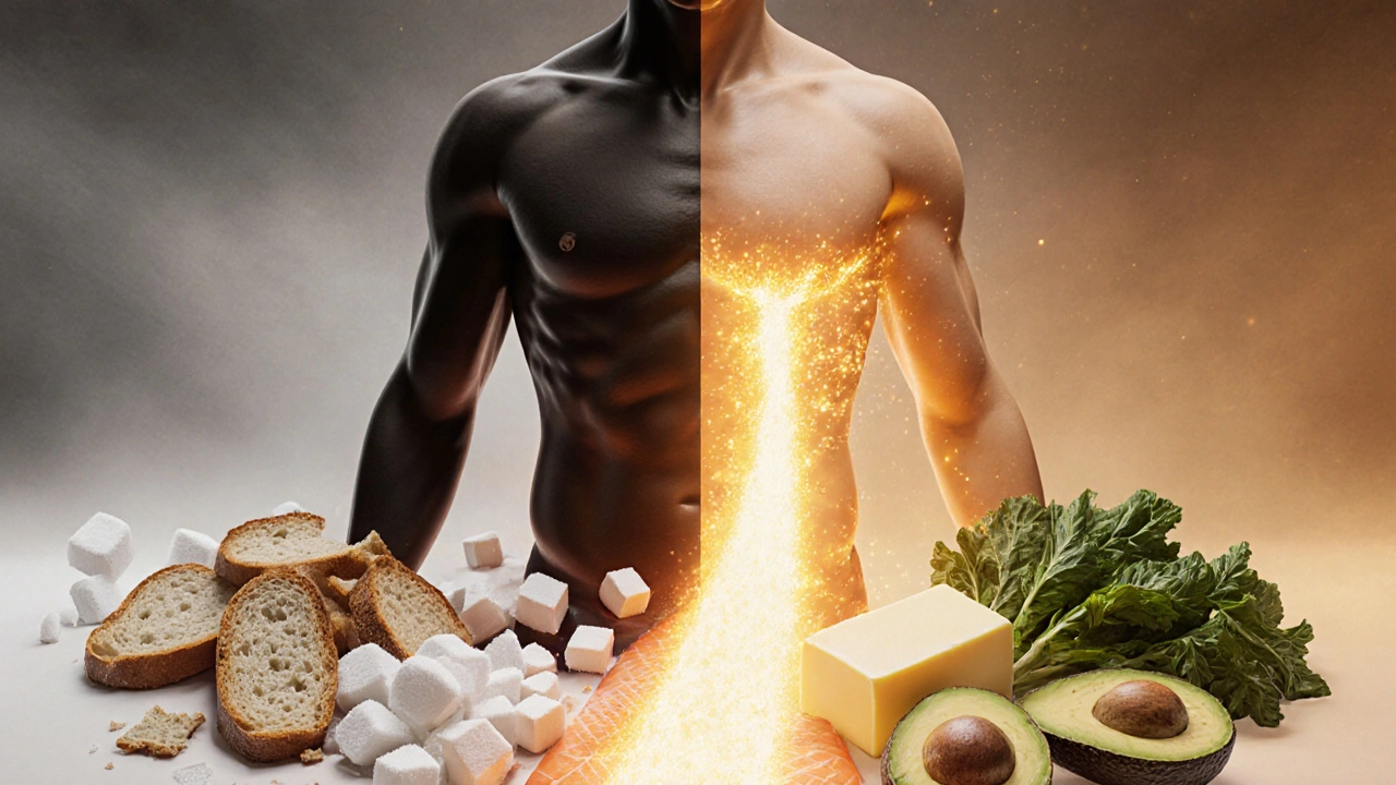 Symbolický obraz těla přecházejícího z spalování cukru na spalování tuků.