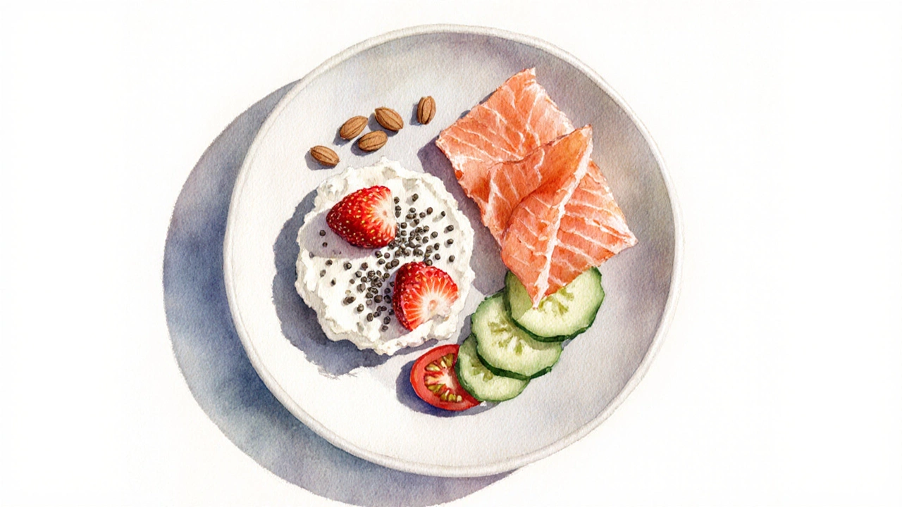 Tvaroh s jahodami a čiškovými semínky spolu s uzeným lososem